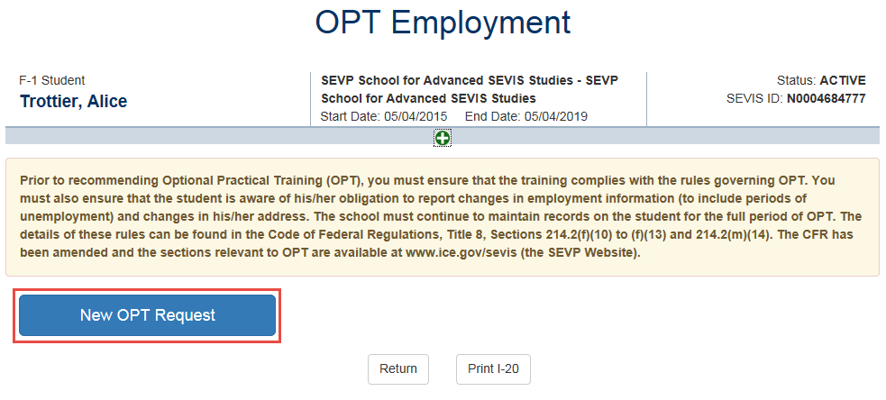 OPT Employment page with New OPT Request call out