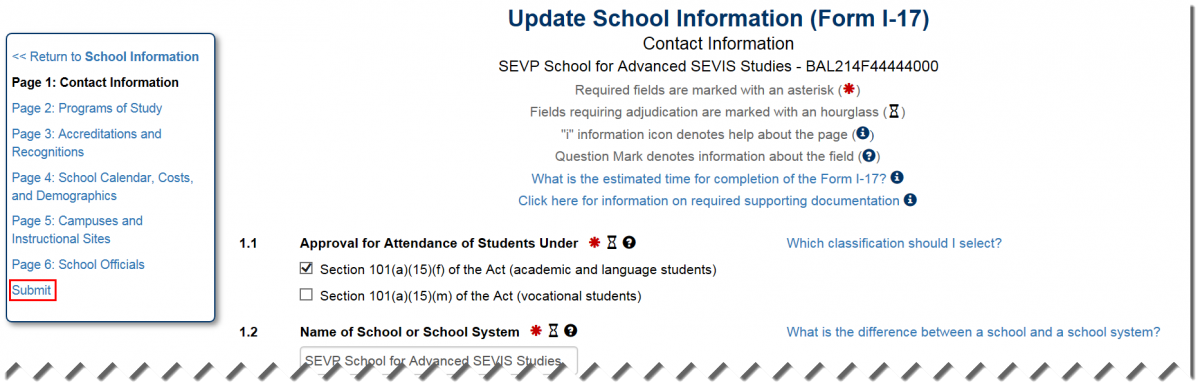 Update School Information (Form I-17) with submit button outlined in red rectangle