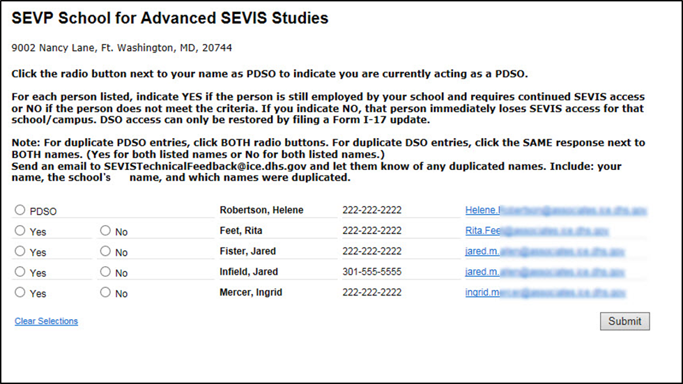 Verification process student list screenshot