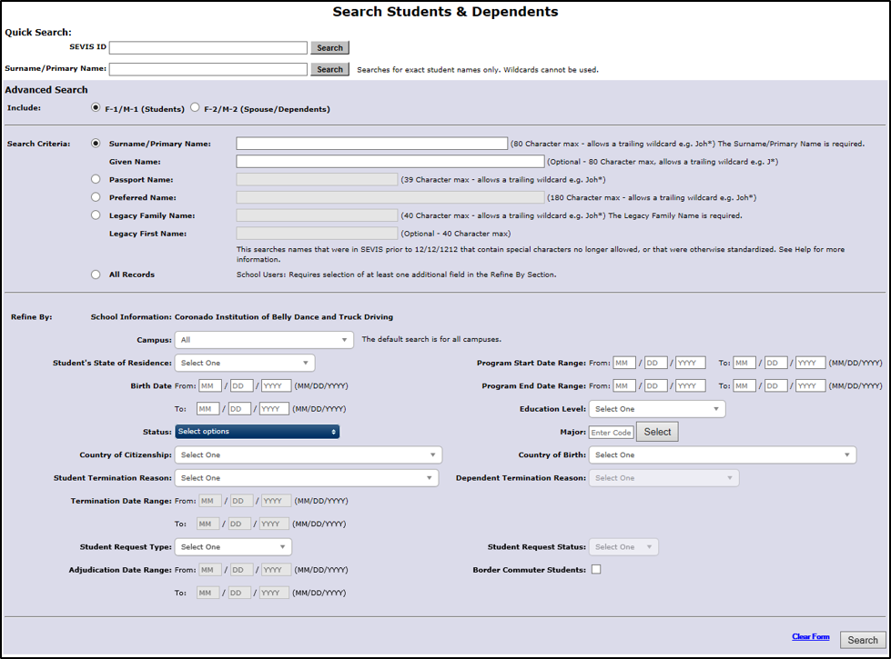 SEVIS Search Student and Dependents page