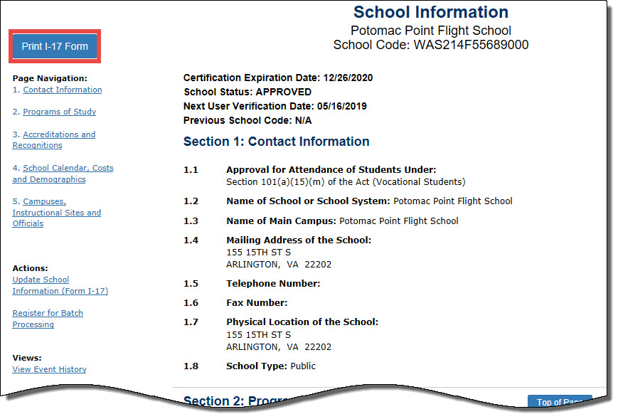 School Information page highlighting the print I-17 form button on the top left of page