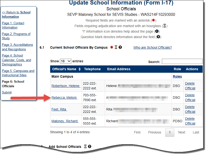 The School Official Information page opens with the new official listed