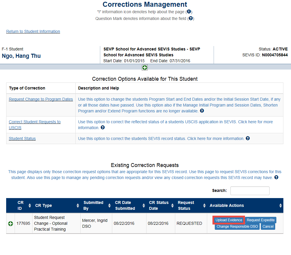 Screenshot of Available Actions column in the Existing Correction Requests section on the Corrections Management page