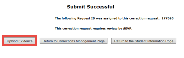 Screenshot of the upload evidence button on the submit successful screen