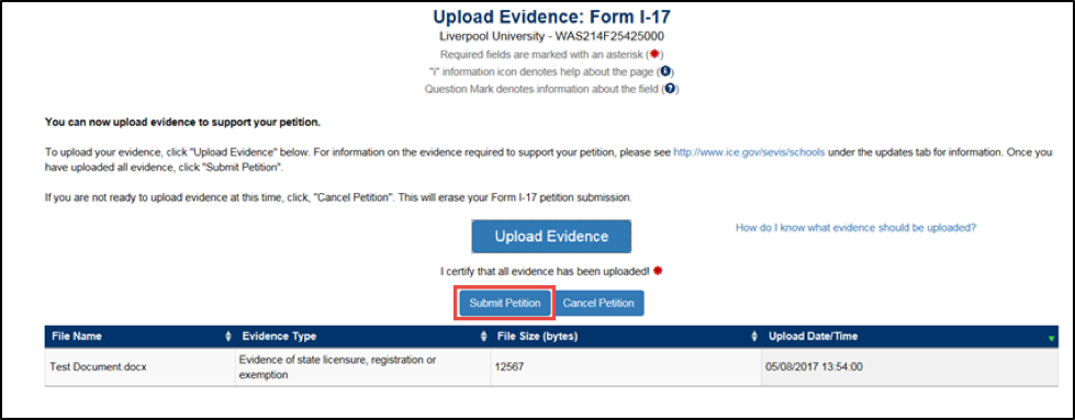 Upload Evidence: Form I-17 page with Submit Petition button outlined with red rectangle