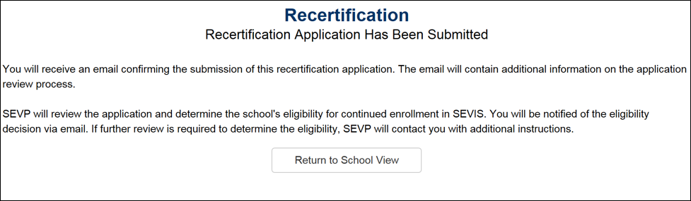Recertification - Recertification Application Has Been Submitted page