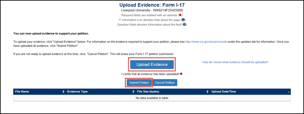 Upload Evidence: Form I-17 page with Upload Evidence and Submit Petition buttons outlined in red rectangle