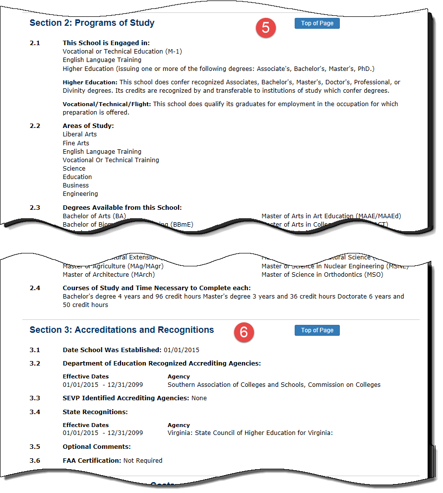 Section of School Information page listing Section 2 of the Form I-17: Programs of Study and Section 3 of the Form I-17: Accreditations and Recognitions.
