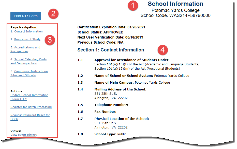 Section of School Information page listing, School information Header, Print I-17 button, Page navigation and Section 1 of the Form I-17: Contact Information