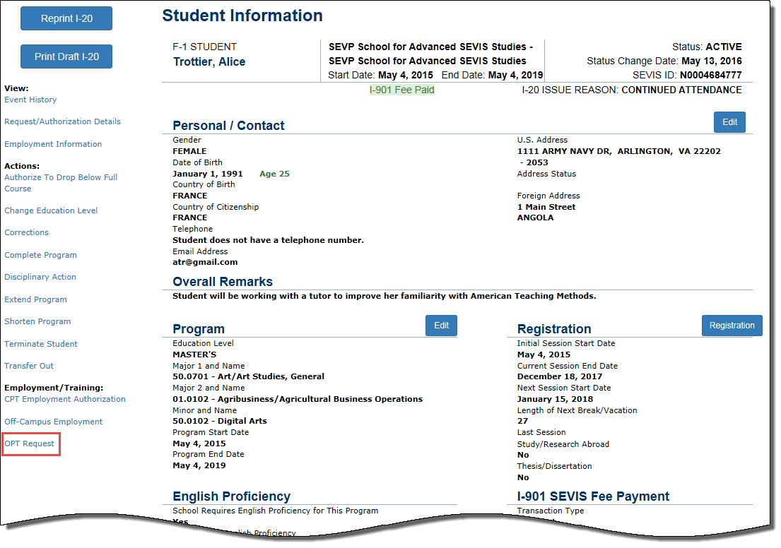 Student Information page with OPT Request call out