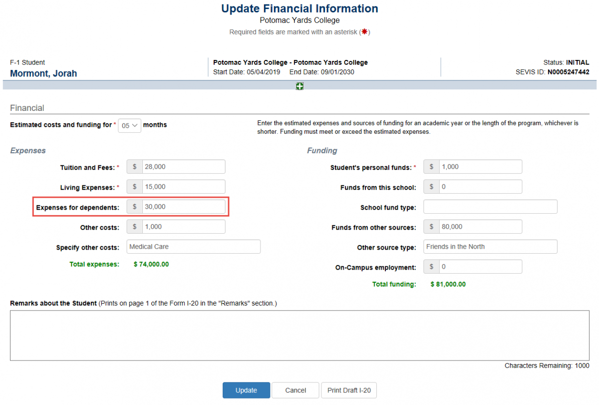 Update Financial Information with Expenses for dependents called out.