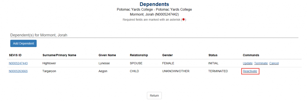 Dependents page with Reactivate link highlighted