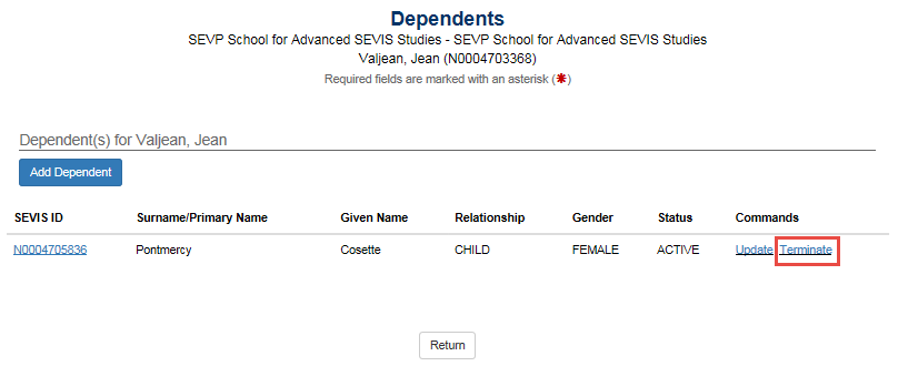 Dependents page with Terminate call out