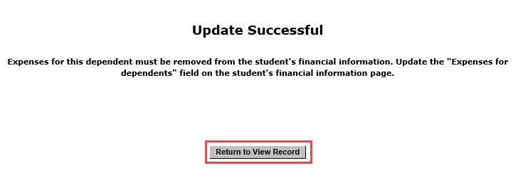 Update Successful page after dependent terminated. Return to View Record button highlighted.