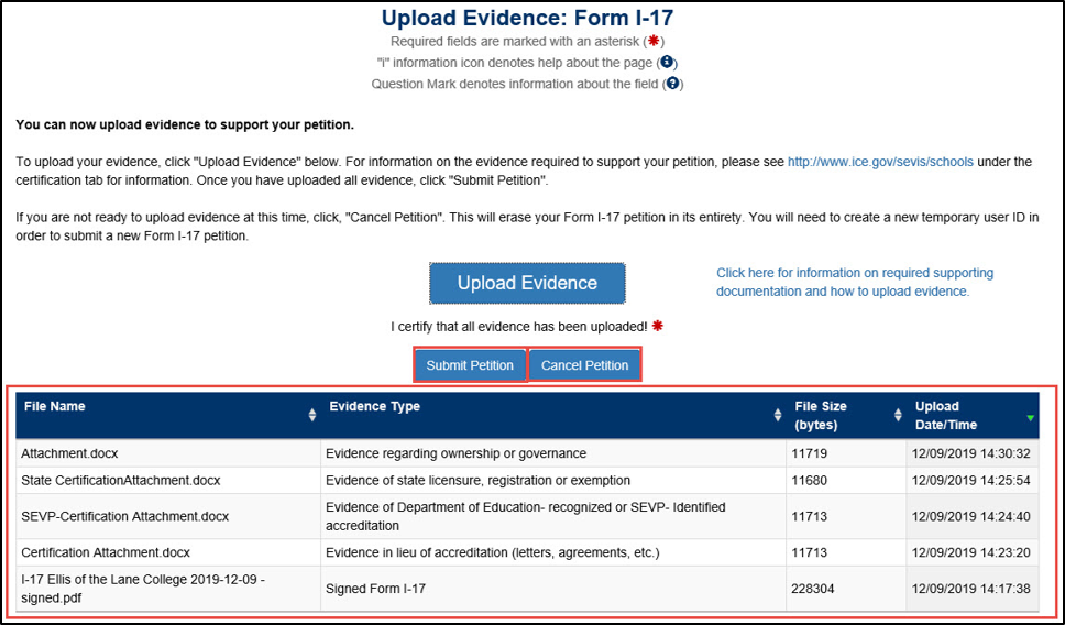 Upload Evidence: Form I-17 page with evidence added. Evidence table, Submit button, and Cancel Petition button highlighted.