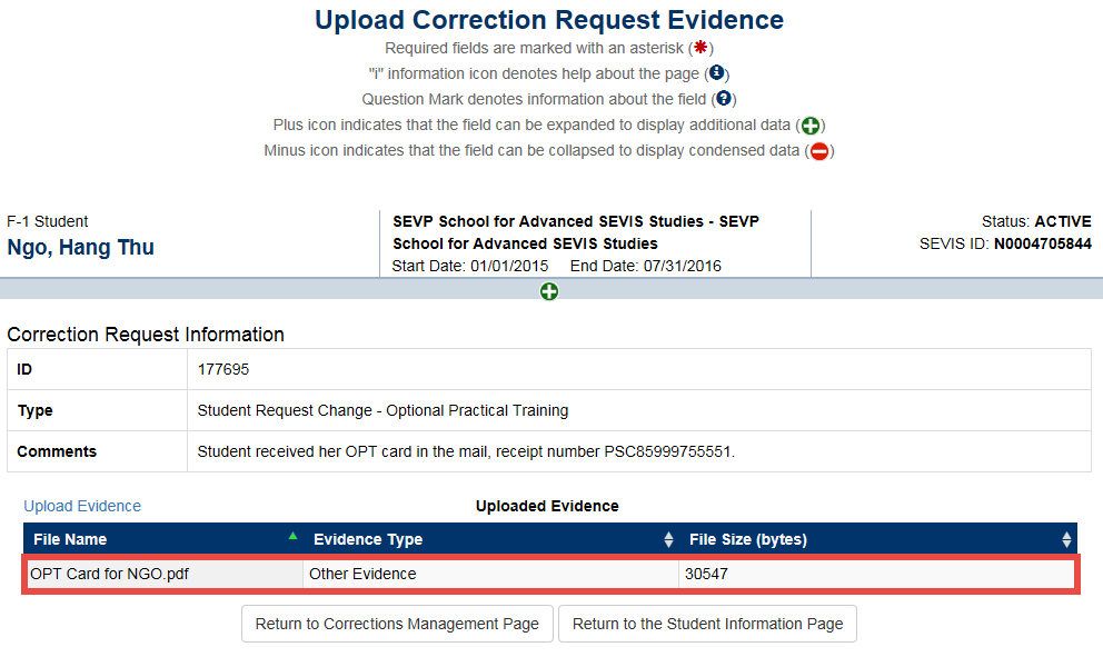 Upload Correction Request Evidence screen displaying uploaded document filename