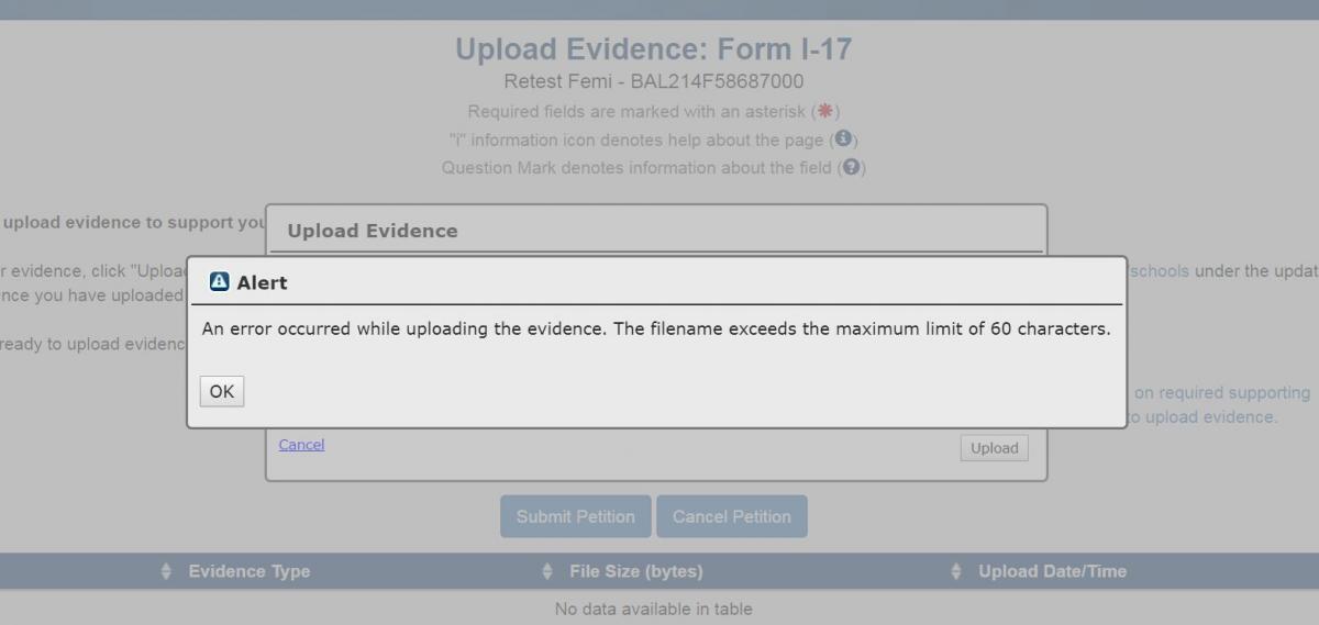 Alert Popup - An error occurred while uploading the evidence. The filename exceeds the maximum limit of 60 characters.