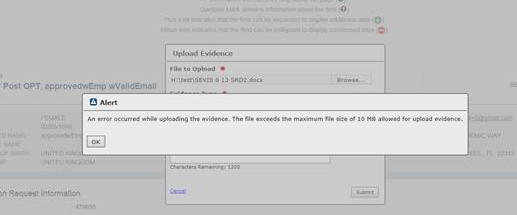 Alert Pop Up - An error occurred while uploading the evidence. The file exceeds the maximum file size of 10 MB allowed for upload evidence.