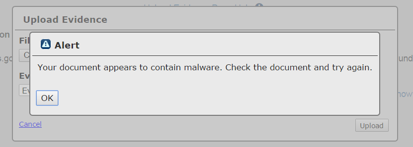 Alert popup - Your document appears to contain malware. Check the document and try again. 