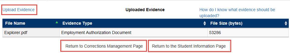 Upload Evidence Screen with the upload evidence hyperlink, return to corrections management page button and return to the student information page button outlined in a red rectangle