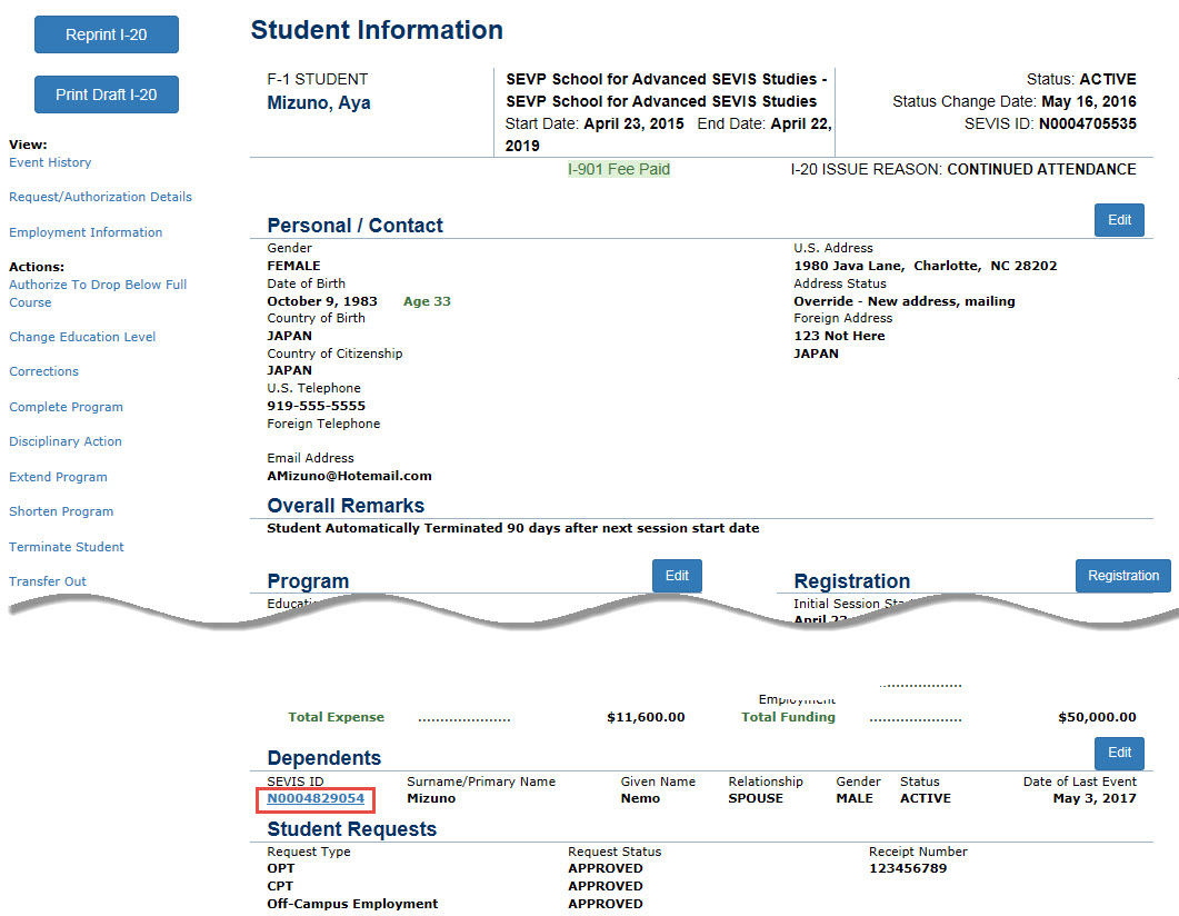 The Student Information page