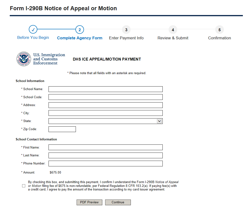 Complete Agency Form: DHS SEVIS School Certification Payment page