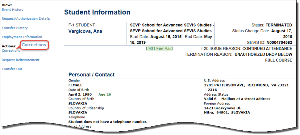 Screen shot of Student Information page  with Request Change to Termination Reason option.