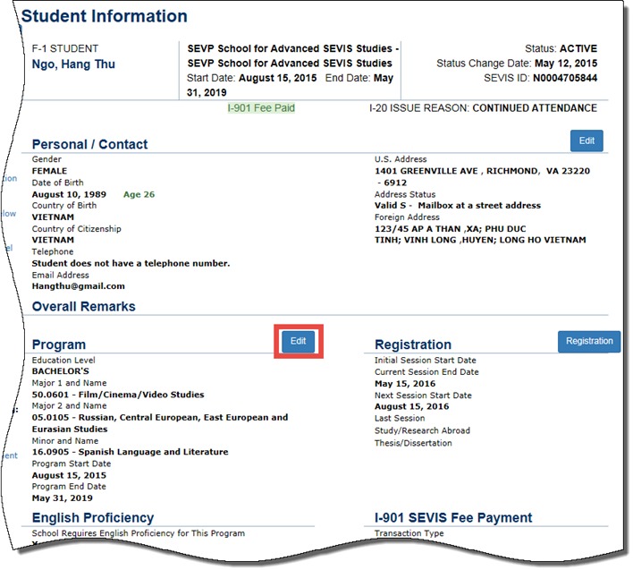 Student Information page with Program Edit button indicated with a red box.]
