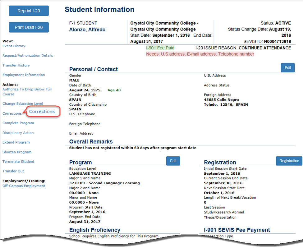 Screen shot of Student Information page  with Request Change to Program Dates option