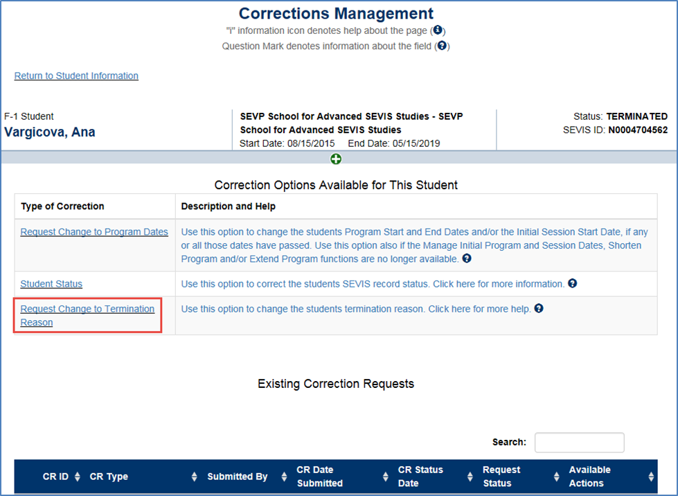Screen shot of Request Change to Termination Reason page