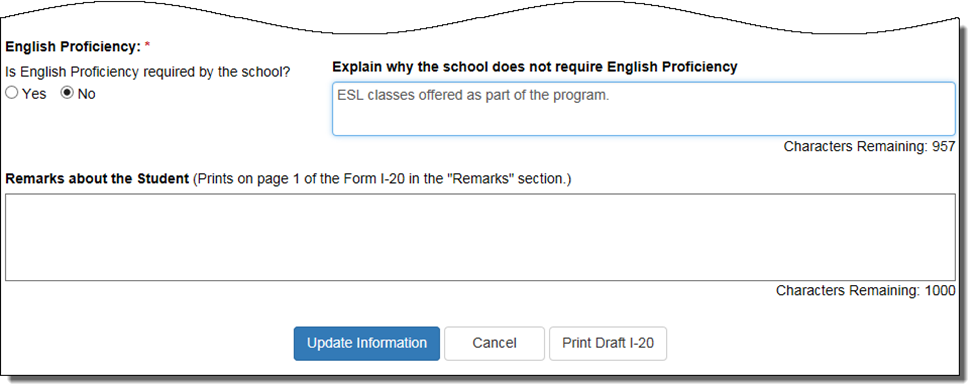 English Proficiency section on Update Program Information page with No selected and explanation why English Proficiency is not required by school.]