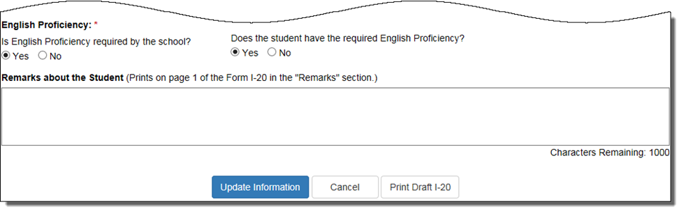 English Proficiency section on Update Program Information page indicating that student has required English Proficiency
