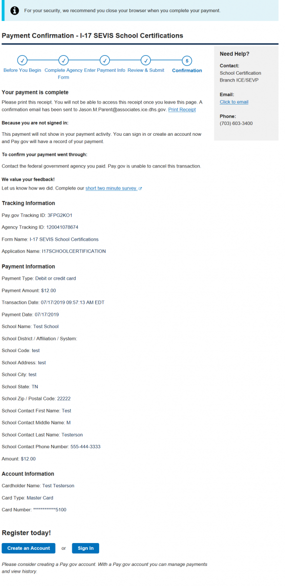 Payment Confirmation - I-17 SEVIS School Certifications page is displayed.