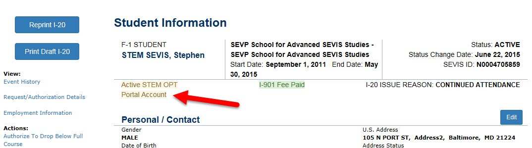 the Student Information page displaying an indicator that shows when a student has an active Portal account.