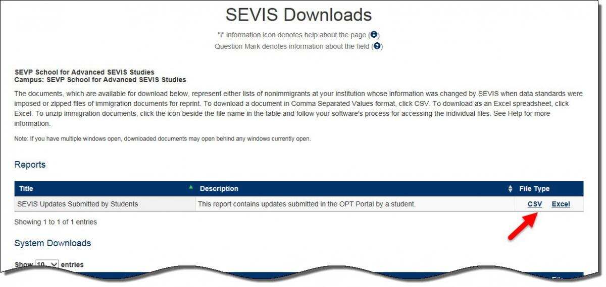 the SEVIS Downloads page