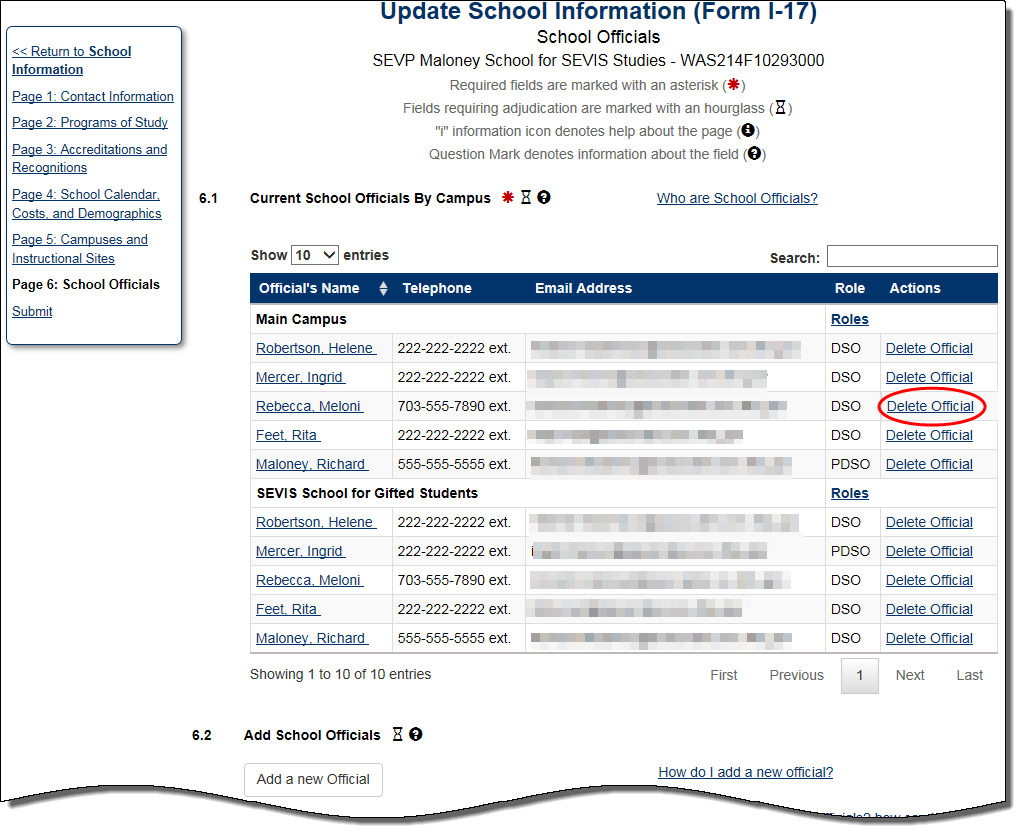 the School Officials page with delete official circled