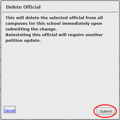 The Delete Official page with submit circled
