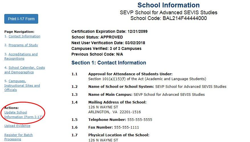 The School Information page with Update School Information Circled