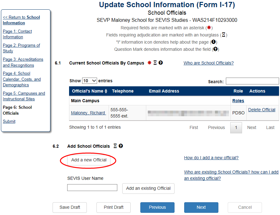 The Update School Information (Form I-17), School Officials page with Add New Official circled