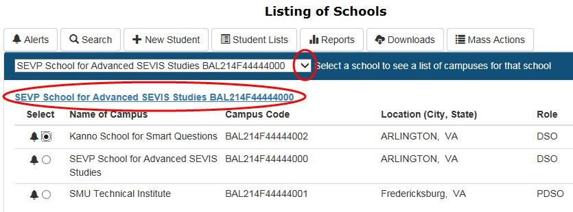 the Listing of Schools page with an SEVP school circled
