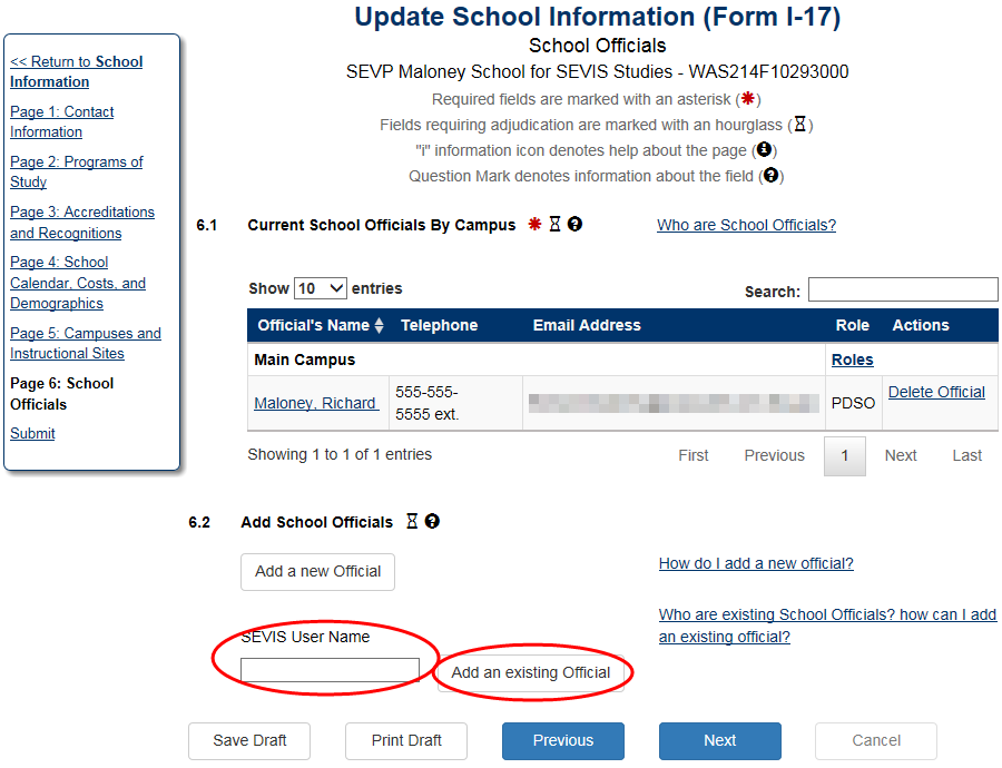 the Update School Information (Form I-17), School Officials page. 