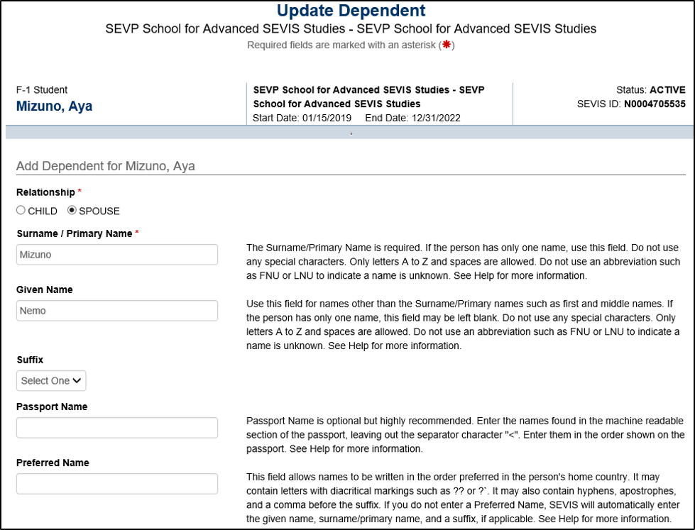 Student and dependent information page.