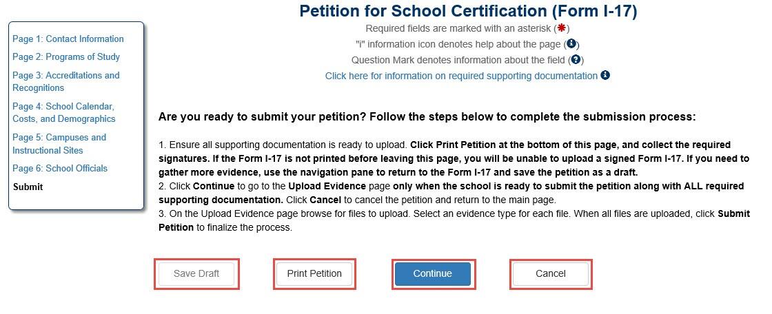 [Initial] Petition for School Certification (Form I-17) page with options marked to Continue [submitting], Print Petition, Save Draft, and Cancel.