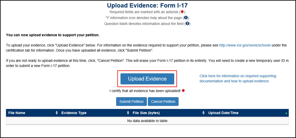Upload Evidence: Form I-17