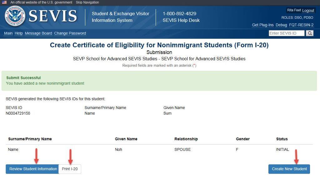 Create Certificate of Eligibility for Nonimmigrant Students (Form I-20) Submission Page