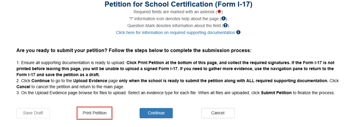 Petition For School Certification (Form I-17) page is displayed. The Print Petition button is highlighted.