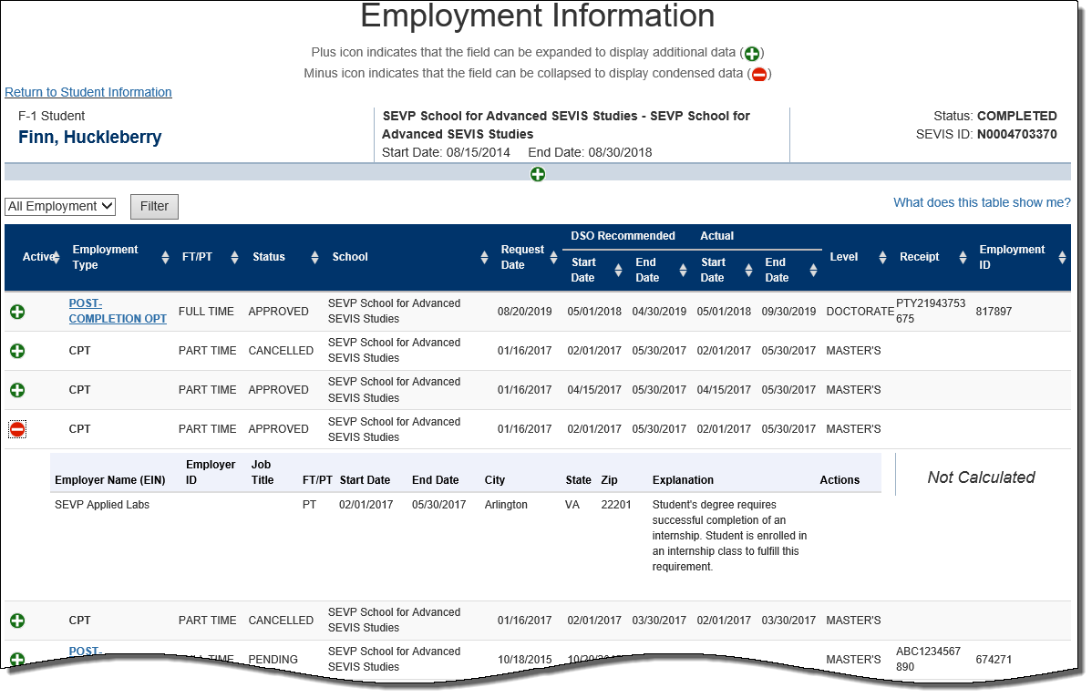 Screenshot of Employment Info for CPT