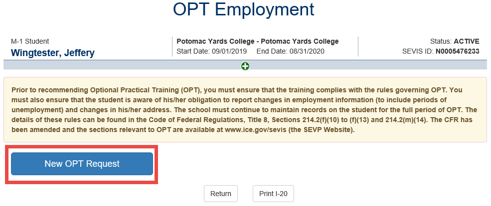 Screenshot of OPT Employment page