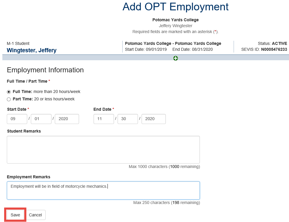Screenshot of the Add OPT Employment page