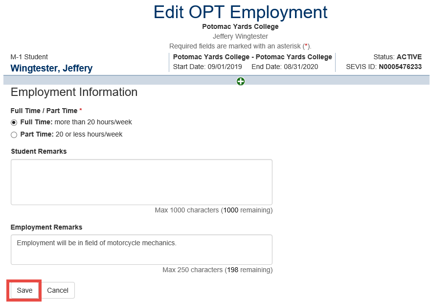 Screenshot of Save button on OPT Employment page 